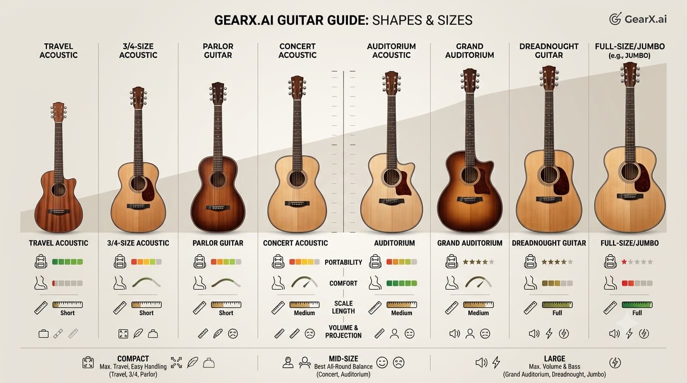 Acoustic guitar body shapes and sizes including parlor, concert, auditorium, grand auditorium and dreadnought