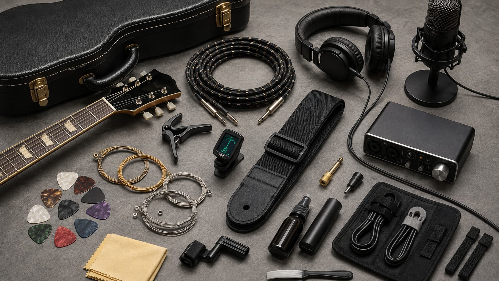 Essential musical instrument accessories including guitar picks, cables, tuner and audio gear