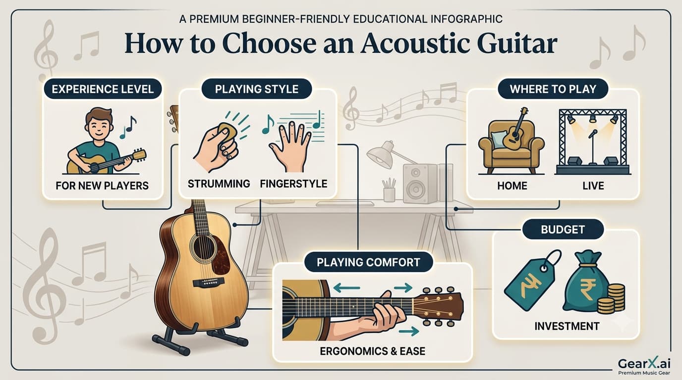 Beginner guide showing how to choose an acoustic guitar based on playing style, budget and comfort