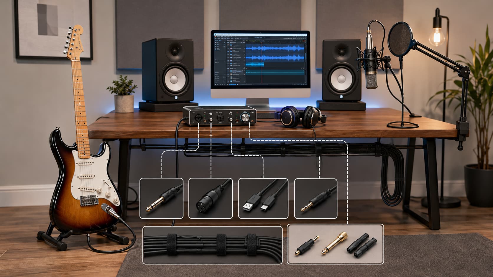 Home studio setup with guitar cables, audio interface, microphone, headphones and recording accessories