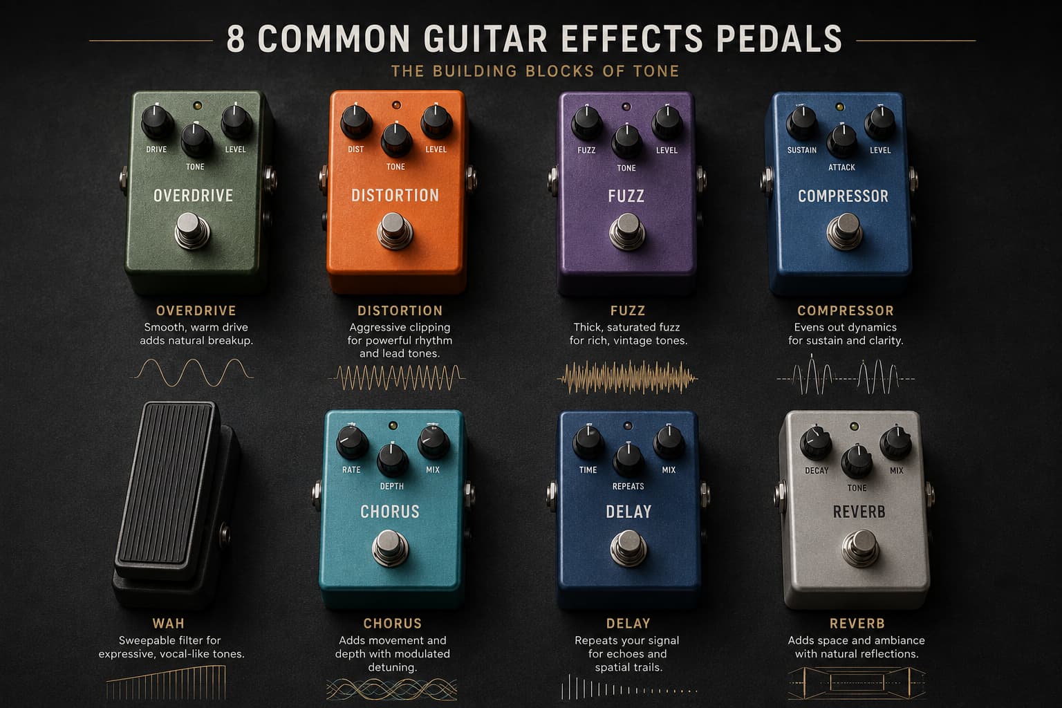 Types of effects pedals for guitar including overdrive, distortion, fuzz, wah,  chorus, delay and reverb