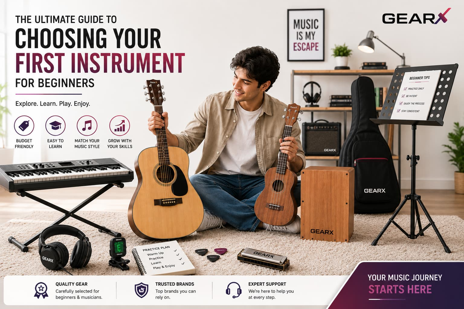 Best beginner musical instruments including guitar, keyboard, ukulele, cajon, and harmonica for first-time musicians.