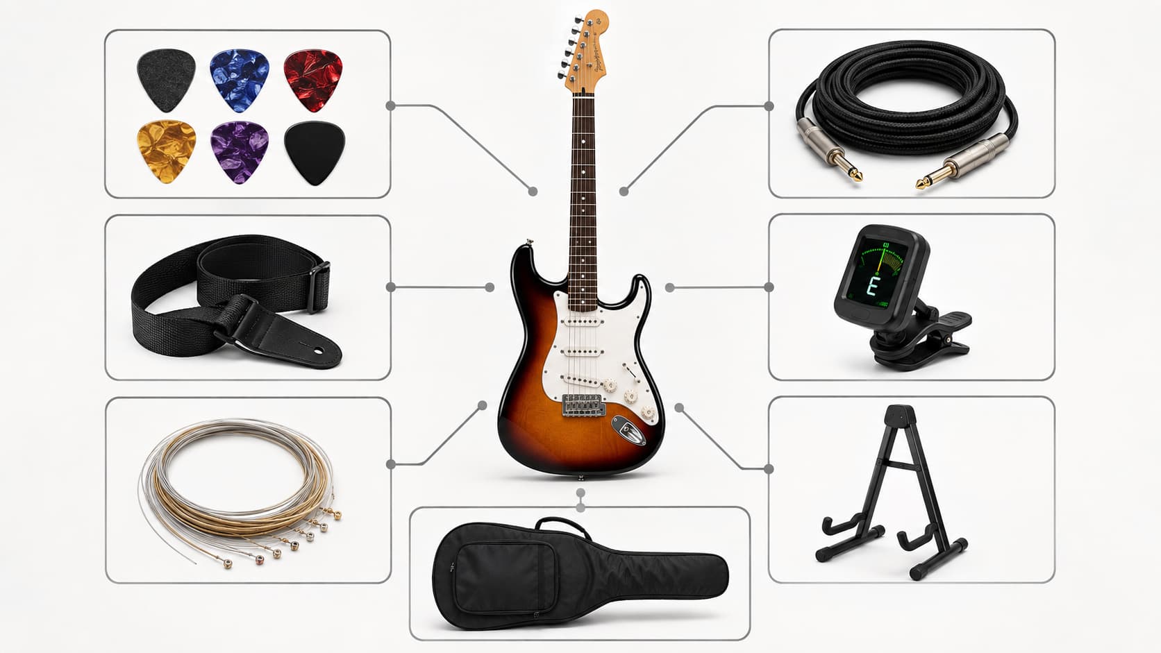 Essential guitar accessories including picks, cables, strings, tuner, strap and stand