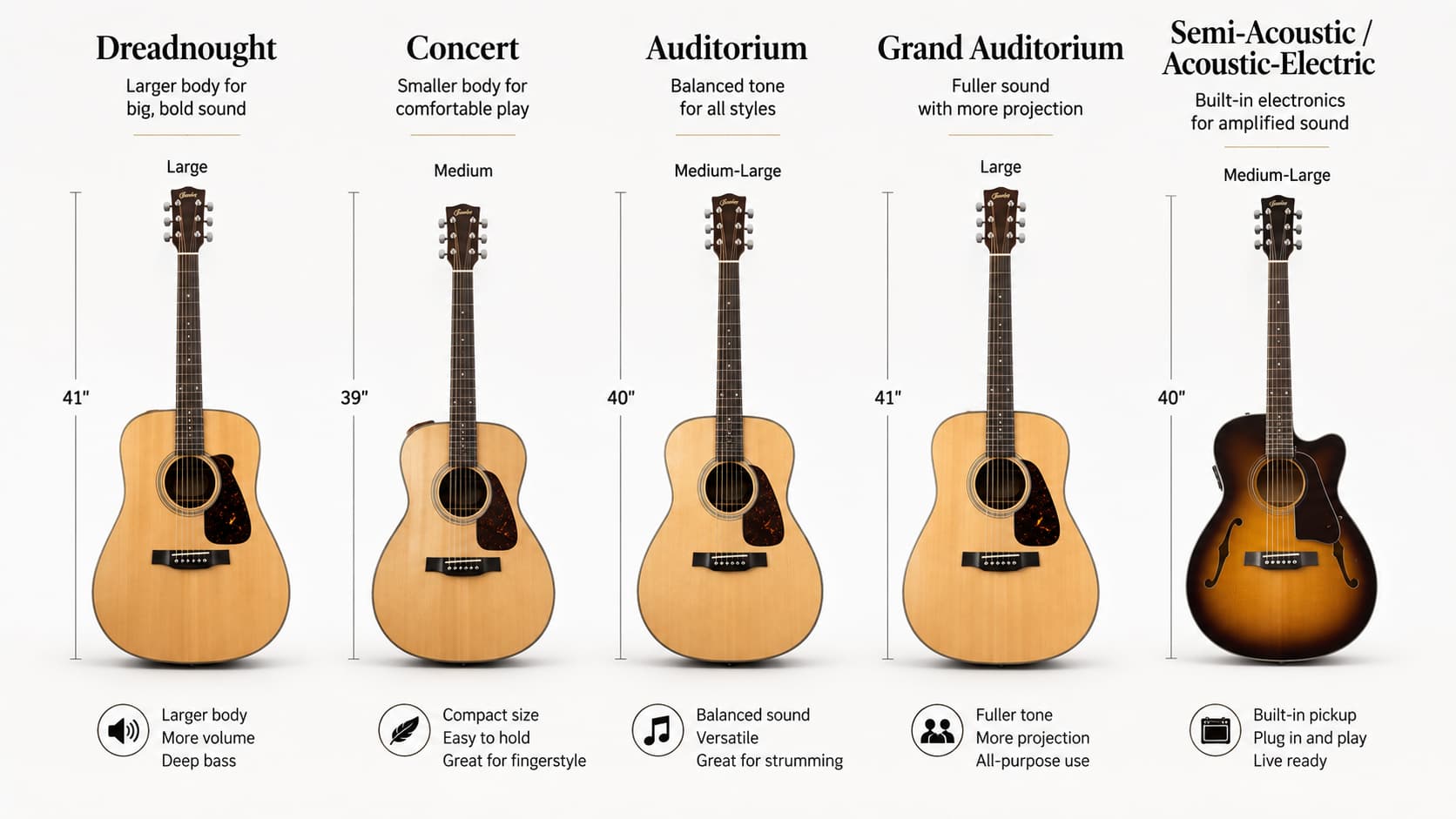 Acoustic guitar types including dreadnought, concert, auditorium, grand auditorium and semi-acoustic guitars