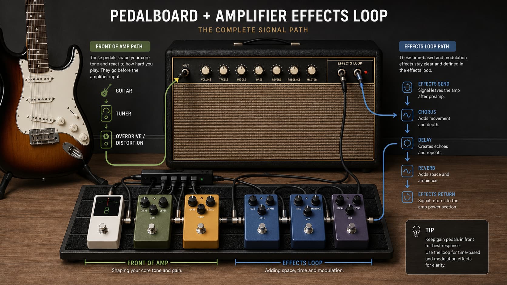 Guitar pedalboard setup showing pedal order and amplifier effects loop connections